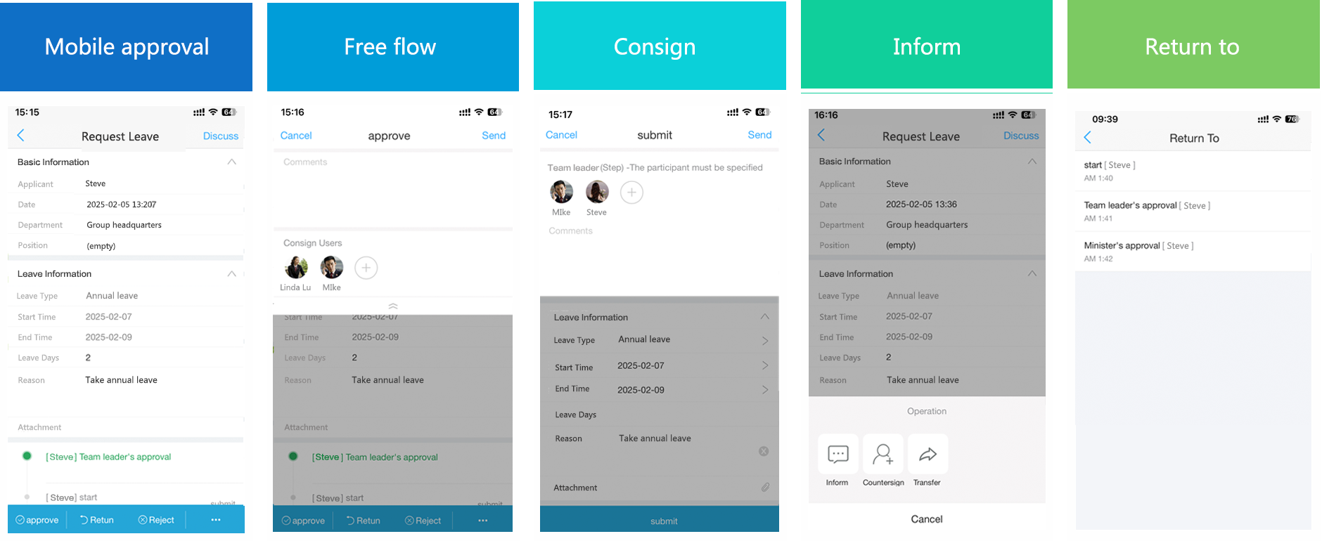 FlowPortal Mobile Approval: Displays mobile sign - off, free flow, review/add - sign, notify & return step. Supports PC - level ops on mobile, boosting approval efficiency.